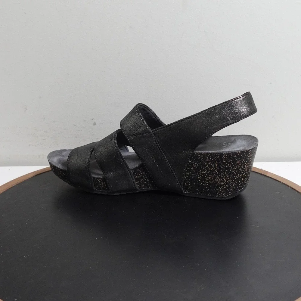 Dansko‎ Brandi Wedge Sandals Women 38 7.5-8 Metallic Black Leather Comfort Dress